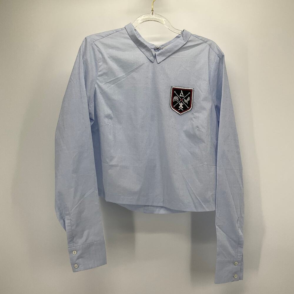 Rachel Antonoff Blouse M Light Blue Cropped Long Sleeve Crest Patch Collar